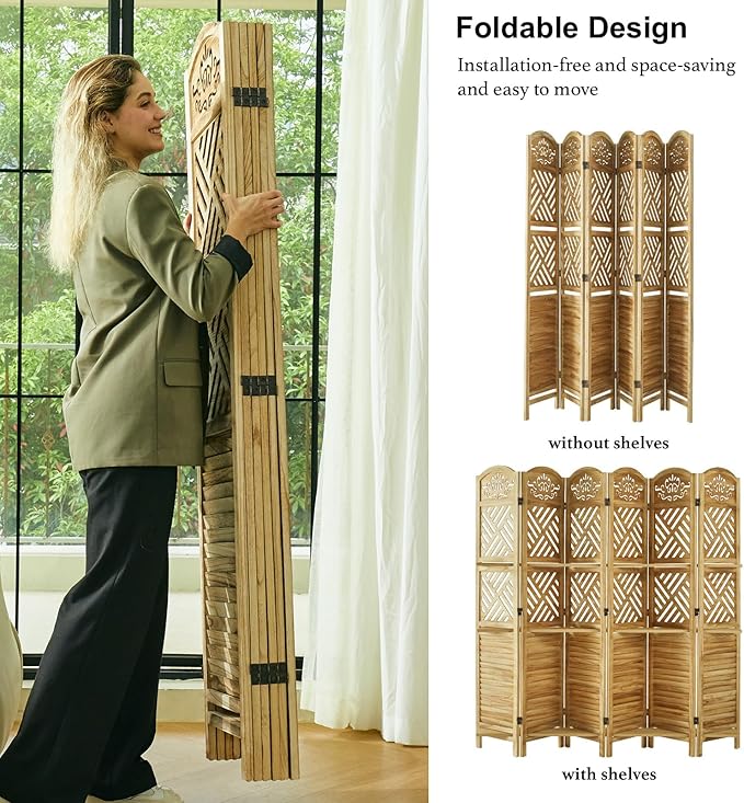 Room Divider with Shelves, 68.9inch Wood Carved and Louvered Wall Divider Freestanding, 6 Panels Folding Partition Screen for Bedroom Home Office (Natural)