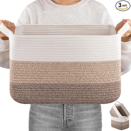 OIAHOMY Woven Storage Basket, Cotton Rope Baskets for Toys,Towel, Clothes, Used to Bathroom,Living Room,Nursery,Bedroom, 16"x12"x10"- Pack of 3, Gradient Yellow