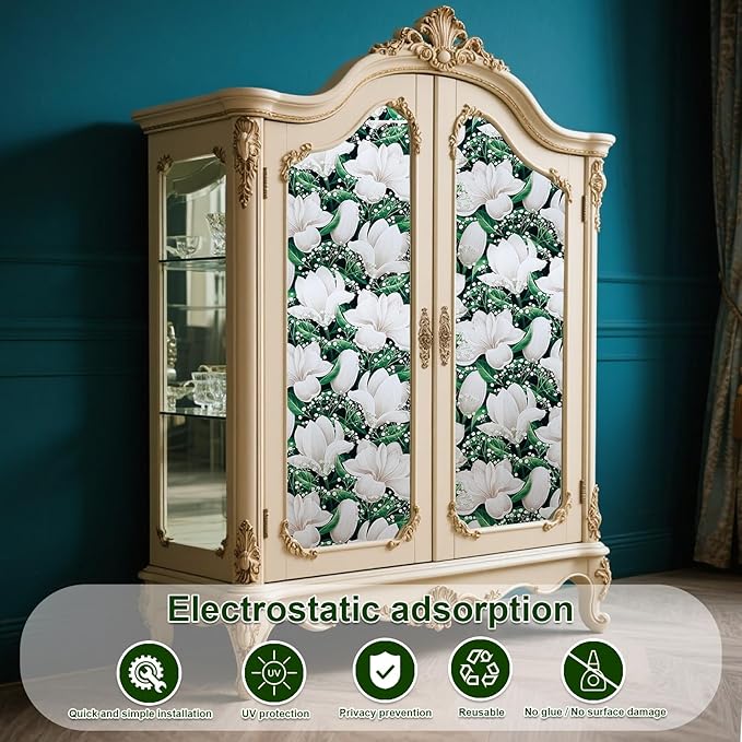 Window Privacy Film Stained Glass Decorative Static Clings Frosted Window Tint for Home Room Decor Bathroom Door Car Stickers with Glittering Effect, Removable(Magnolia Design)