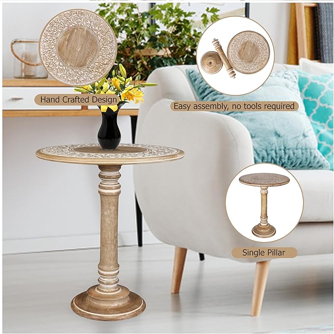 Lightnpro Carved Round End Table with Single Pillar - Handcrafted Accent Bedside Nightstand Side End Table for Living Room, Entryway, Vintage Desk for Books, Plants & Décor - 18x22 Inch - White Wash