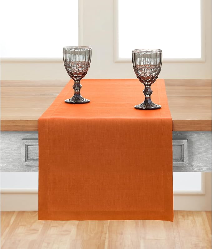 Solino Home Linen Pumpkin Table Runner 36 Inches - 100% Pure Linen Farmhouse Short Table Runner 14 x 36 Inch Ideal for Dresser and Coffee Tables - Fete - Fall, Autumn, Halloween, Thanksgiving