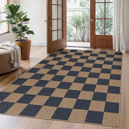Lahome Checkered Easy Jute Living Room Rugs, 5x7 Dining Room Office Rug Farmhouse Outdoor Patio Carpet, Checkerboard Washable Non Slip Indoor Outdoor Blue Carpet for Backyard Entry Deck