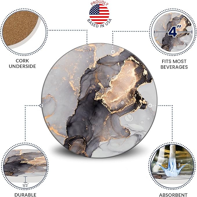 Emerson Coasters for Drinks Absorbent – Saucers Coffee Table Set of 6 with Holder, 100% Ceramic Wooden Tabletop Protection Marble Style, Non-Slip & Cork Bottom - Heavy Duty Drink Coasters (Crown)