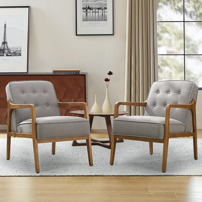 Linen Accent Chair Set of 2, Mid Century Modern Chair for Living Room, Upholstered Comfy Lounge Armchair with Solid Wood Frame, Reading Side Chair for Bedroom,105°Ergonomic Comfort, Grey