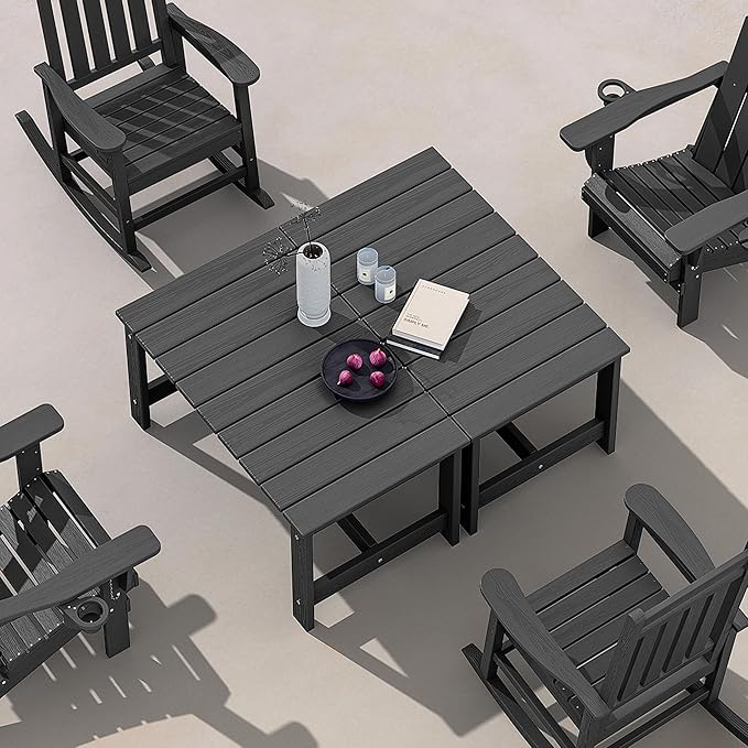 SERWALL Patio Coffee Table, HDPE Rectangle Outdoor Coffee Table Set of 2, Black