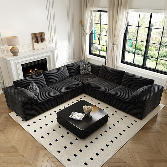 118" Cloud Couch Oversized Modular Sectional Sofa for Living Room,Modern Sofa with Deep Seat，V Shaped Boneless Couch,Comfy Upholstered Corduroy Couches for Apartment, Studio, Office,Bedroom，Black