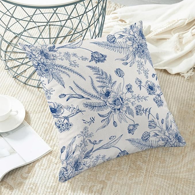 CXMEIFLY Spring Floral Leaves Pillow Covers 24 x 24 Inch Set of 2 for Chinoiserie Flowers Decor Throw Pillows Blue and White Seasonal Plant Outdoor Decorative Cushion Cases for Couch Bed Decorations