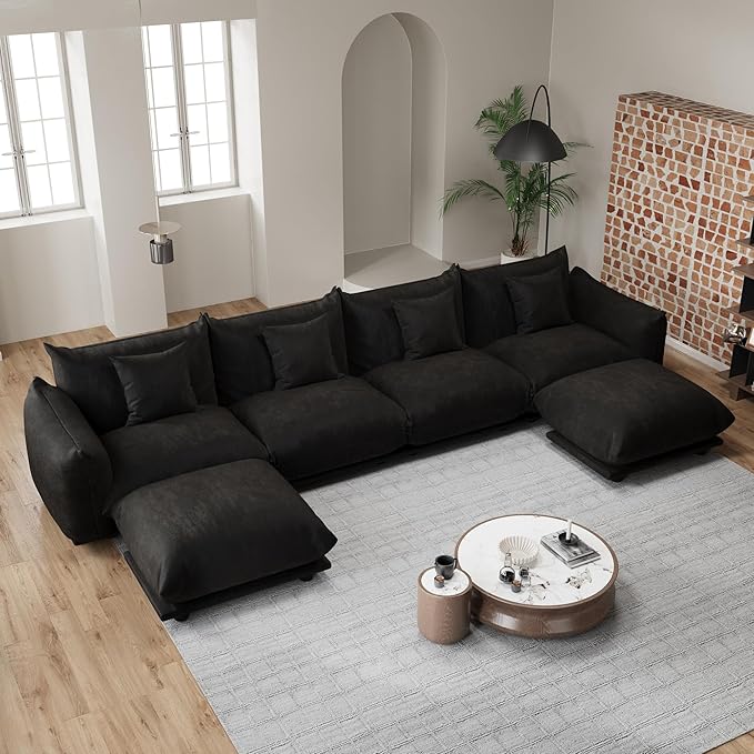 Modern Minimalist Chenille Modular Sectional Sofa, Oversized Deep-Seat U-Shaped Couch with Movable Ottoman, Thick Cushions, Upholstered Sofa for Living Room, Bedroom, Office, Apartment Black 2 Ottoman