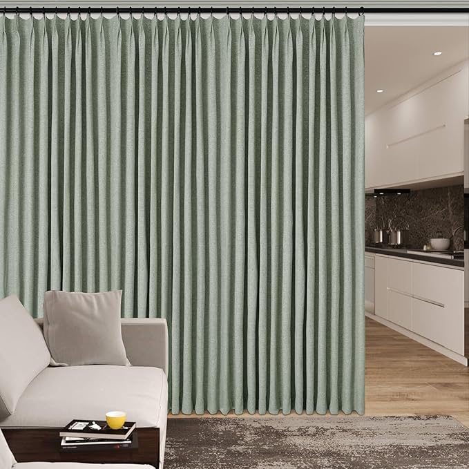 Extra Wide 100% Blackout Linen Textured Curtains - Room Dividers, W150 x L108 (1 Panel), Pinch Pleat Drapes for Living Room, Full Light Block Out Drapery for Sliding Door, Fog Green