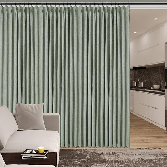 Fog Green Pinch Pleat 100% Blackout Drapes Linen Blend, Room Divider, Room Darkening, Energy Saving, Furniture Protecting, Light Blocking Extra Wide Privacy Curtains, 200Wx102L, 1 PC