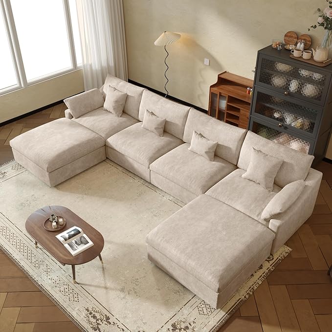JACH U-Shaped Sectional Couches for Living Room, Cloud Sectional Couch with Deep Seat, 155.9" Modular Sofa with Chaise, Covers Removeable & Washable, Sofas Furniture for Living Room, Khaki