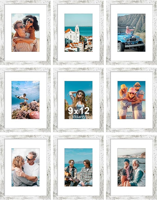 Vittanly 9x12 Picture Frames Set of 9, Shatter Resistant Plexiglass, Display 6x8 Pictures with Mat or 9x12 without Mat, Photo Frames for Wall or Tabletop, Engineered Wood, Distressed White