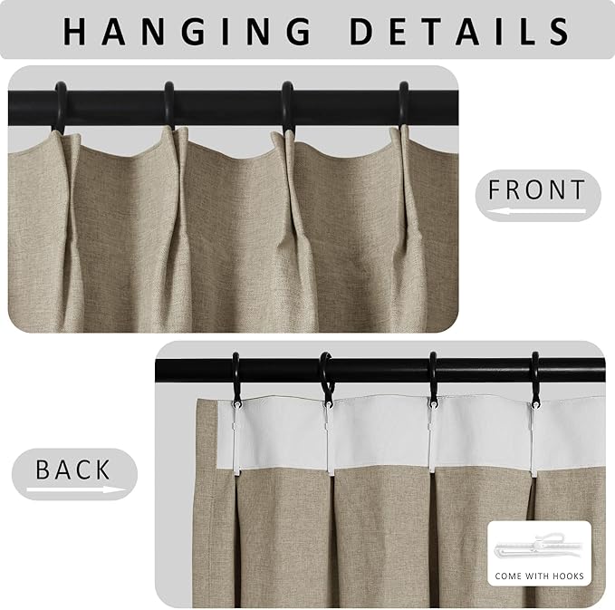 Macochico Light Khaki 100% Blackout Linen Curtains 96 Inches Long Pinch Pleated Curtains for Bedroom Living Room Nursery Farmhouse Insulated Sound Reducing Drapery with Tieback 84”Wx96”L 1 Panel