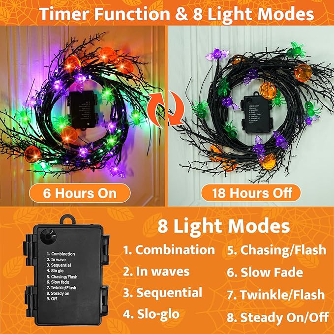 [8 Modes & Timer] 6 Ft Halloween Willow Vine Twig Decor Garland with Bats Pumpkins Spiders Lights, 54 LED Battery Operated Halloween Lights for Indoor Home Mantle Fireplace Decor