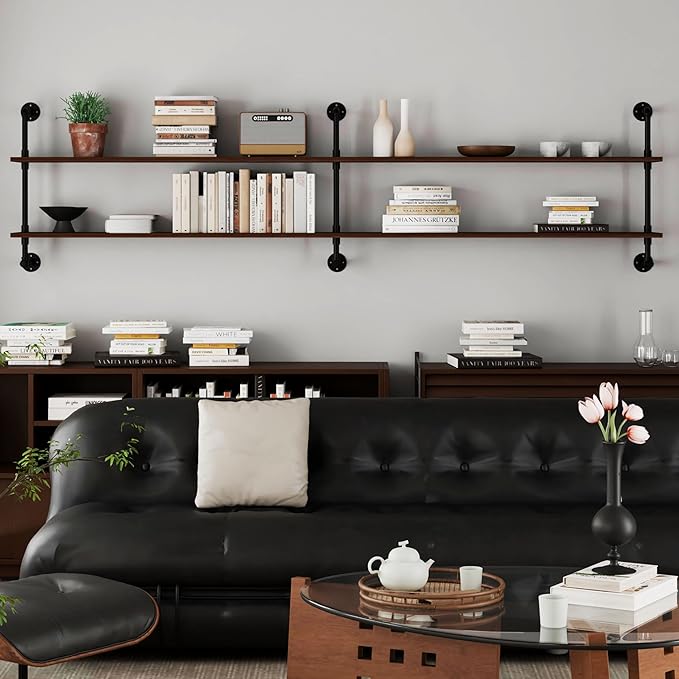 Industrial Pipe Wall Shelves Pipe Shelving with Real Wood Plank,70 Inches Floating Shelves for Wall Farmhouse Pipe Book Shelves Dark Brown 2 Tier for Kitchen,Living Room Decor and Bar Shelving