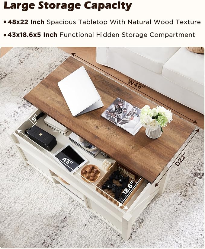 OKD 48" Farmhouse Lift Top Coffee Table with Sliding Barn Door,Rustic Center Table with Hidden Storage Compartment,Lifting Tabletop and Adjustable Shelf for Living Room,Office,Antique White