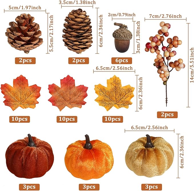 Artmag 51 PCS Artificial Fabric Pumpkins, Fall Harvest Decorations with Acorns, Pinecones, Berries, Maple Leaves for Fall Thansgiving Halloween Decoration
