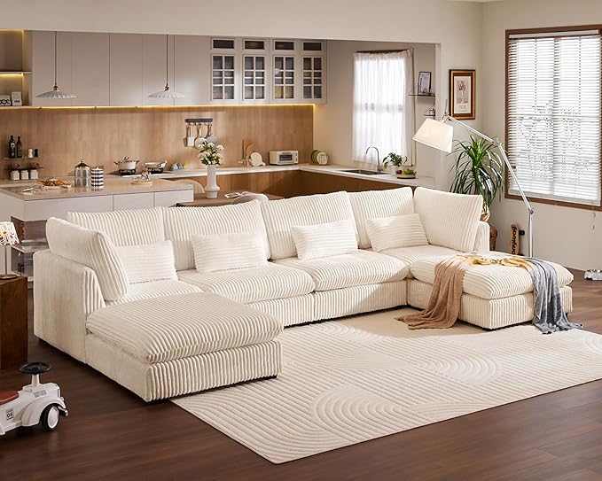 Oversized Modular Sofa, Extra Deep Cloud Corduroy Sectional Couch with Ottoman Chaise, Fluffy Chenille 6 Seat U-Shaped Sofa for Living Room, Villa (U Shape 6 Seater, Corduroy White)