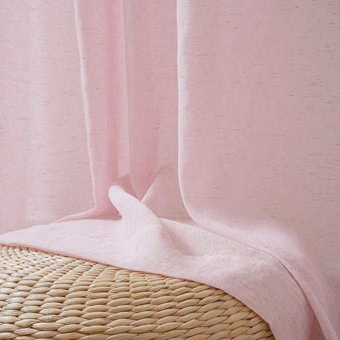 FMFUNCTEX Linen Sheer Curtains for Bedroom, Pink Curtains 96 inches Long for Living Room, Blush Pink Farmhouse French Flax Blend Window Draperies, Rod Pocket 2 Panels Set
