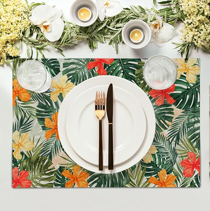 Tropical Palm Leaves Table Mats Set of 4 Summer Watercolor Hibiscus Flower Leaf Placement Mats for Dining Table Washable Non-Slip Heat Resistant Linen Place Mat 12×18 Inch