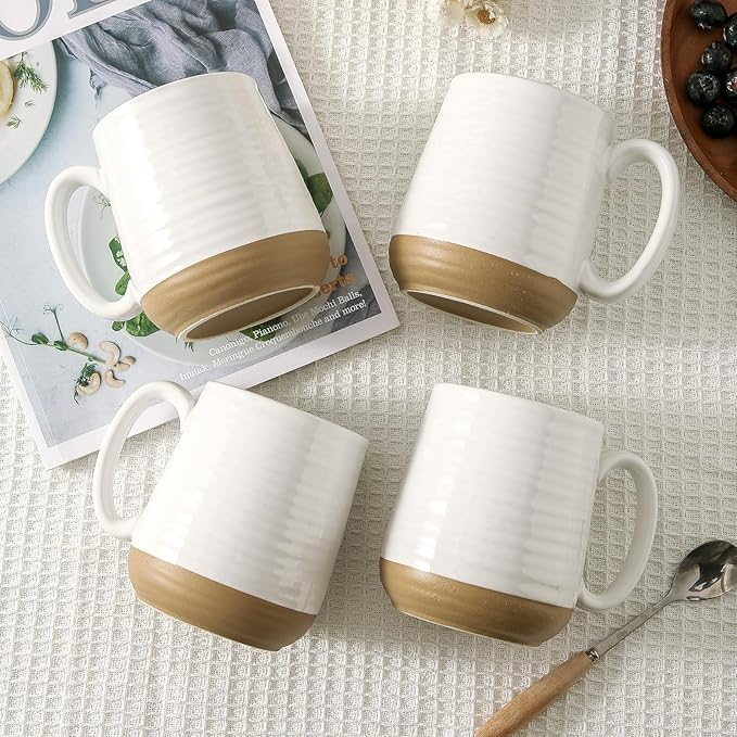 Large Ceramic Coffee Mugs Set - 15 OZ Porcelain Coffee Latte Cups Set of 4 with Handle Perfect for Cappuccino, Tea, Mocha, Hot or Cold Drinks, Unique Glaze Design for Home, Cafe and Coffee Bar, White
