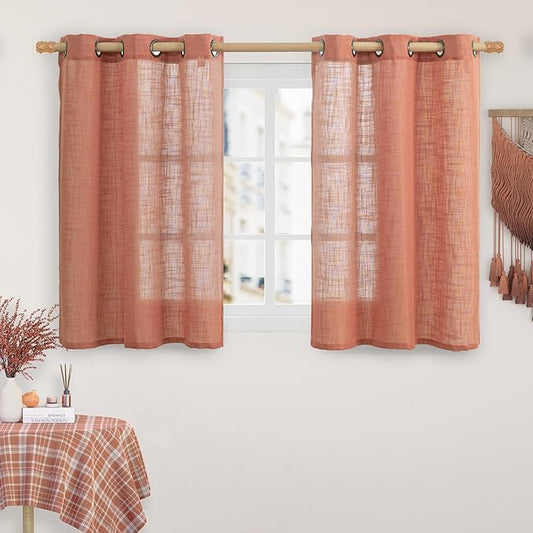 LAMIT Short Linen Curtains 40 Inch Length for Kitchen, Semi Sheer Light Filtering Window Curtains Farmhouse Boho Bronze Grommet Panels for Cafe/RV Camper, Terracotta, 2 Panels, 34 x 40 Inch