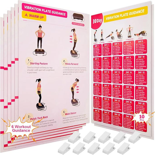 Vibration Plate Exercise Machine Poster - Upgraded 6 Workout Guidance & 10 Pcs Planner & 10 Pcs Double-Sided Clips, Comprehensive Whole Body Wave Vibrating Workout Chart, Pink