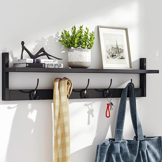BAMEOS Wall-Mounted Shelf with Hooks - 28.9 Inch Entryway Hanging Shelf with 5 Dual Hooks for Bathroom, Living Room, Bedroom (Black)