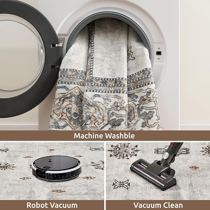 AMOAMI-Vintage Area Rug 8X10 Grey Rugs for Living Room-Soft Living Room Rug Non Slip Rugs for Bedroom Carpet Machine Washable Rug for Dining Room Bedside Office Room Decor