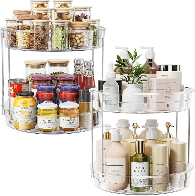 LAMU 2 Pack 2 Tier Lazy Susan Turntable Organizer 12inch Rotating Spice Rack Organization for Cabinet, Kitchen, Pantry, Countertop, Bathroom, Vanity, Medicine Cabinet Organizer, Clear