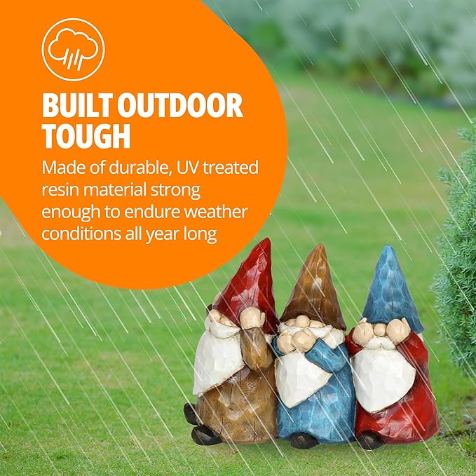 Exhart Garden Gnomes, See No, Hear No, Speak No Evil Garden Gnome Statue, Hand Painted Outdoor Garden Decorations, 12 x 9 Inch