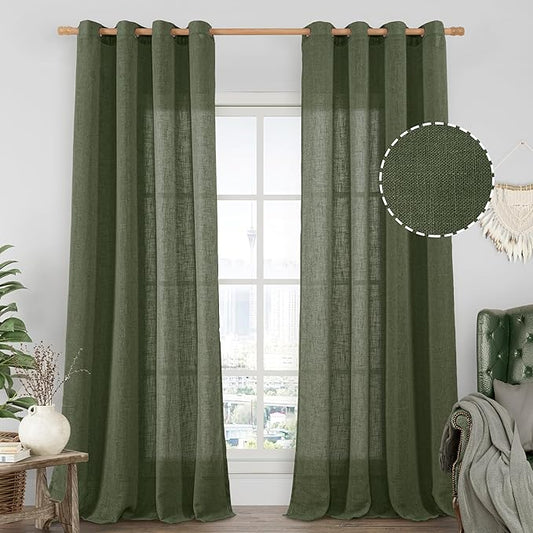 LAMIT Olive Green Linen Sheer Curtains 95 inch for Living Room 2 Panels, Soft Thick Light Filtering Boho Window Textured Christmas Drapes with Bronze Grommet for Bedroom Farmhouse, 52 x 95 Inch