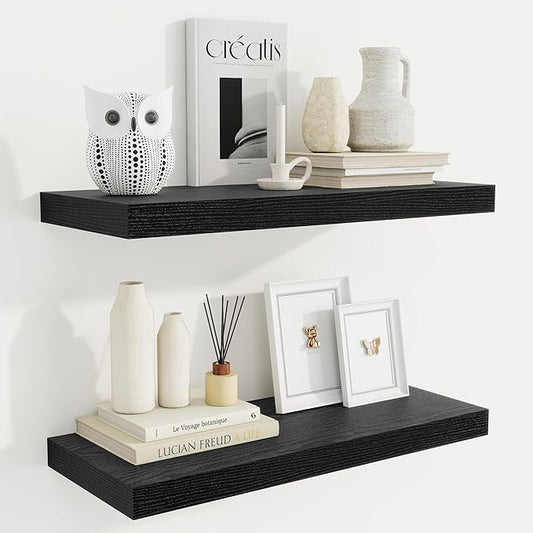 Fun Memories 24 Inch Floating Shelves for Wall, 9 Inch Deep Black Rustic Wood Wall Mounted Shelves for Bathroom, Kitchen, Living Room, Set of 2