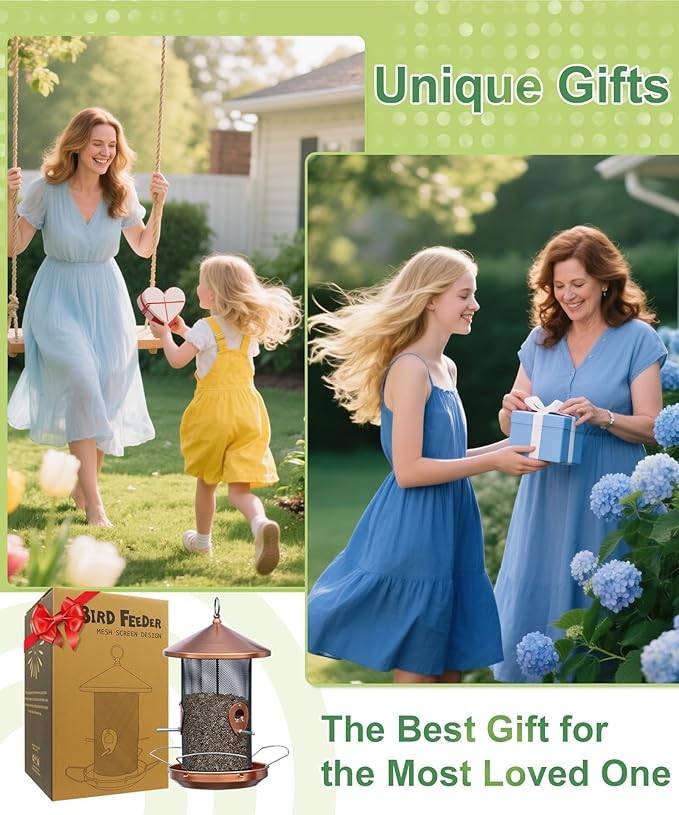 Large Bird Feeders for Outside: 12.6inch Metal for Outdoors Hanging with Copper for Garden Yard Outside Decor Cardinal Finch - Gardening Gifts for Women Men