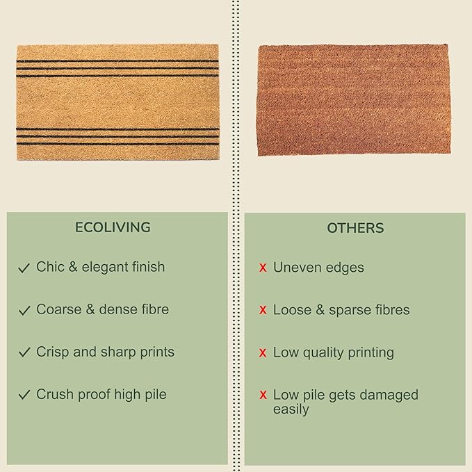Welcome Doormats, Natural Coco Coir Mats with Non-Slip PVC Backing, Indoor Outdoor Mats for Home & Office, Floor Mats for Door Decor, Plain Entry Mat with Stripes, Beige & Black, 30"x17"
