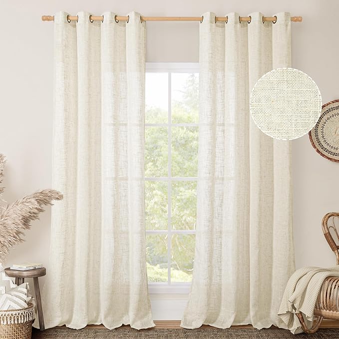 LAMIT 102 inch Natural Linen Curtains for Living Room, Cream Ivory Light Filtering Semi Sheer Long Panels Bronze Grommet Boho Neutral Drapes for Bedroom/Farmhouse,2 Panels Set, 52 x 102 Inch