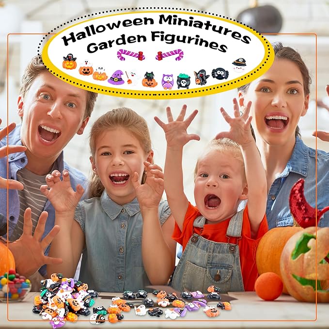 65 Pcs Mini Halloween Figurines Bulk Miniatures Resin Pumpkin Ghost Candy Hat Halloween Garden DIY Accessories for Halloween Decoration Goodie Bags Stuffers, 10 Styles