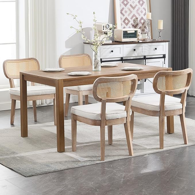 Rattan Dining Chairs Set of 2, Linen Fabric Farmhouse Dining Room Chairs with Cane Back Curved Backrest Kitchen Chairs Rustic Armless Side Chairs for Dining/Living Room/Restaurant, Beige