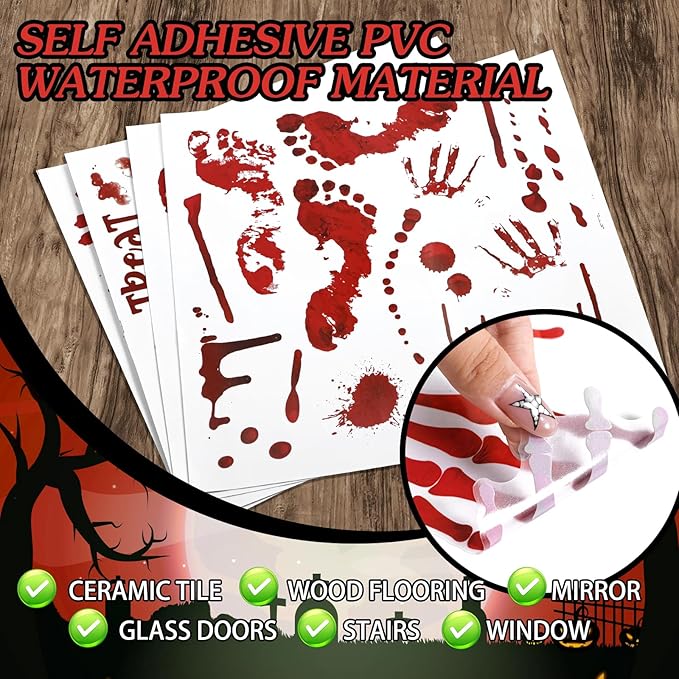 Scary Halloween Decorations Bloody Handprint Footprint Stickers Clings Decals Window Bathroom Floor Restroom，Horror Party Decor Halloween Indoor/Outdoor Decoration