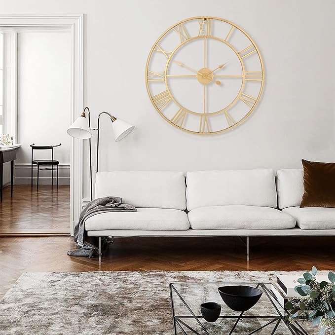 LEIKE Large Modern Wall Clocks,32" Gold Metal,Rustic,Round,Nearly Silent,Little Ticking,Battery Operated Roman Numerals Clock for Living Room/Bedroom/Kitchen Wall Decor-(Gold, 80cm)