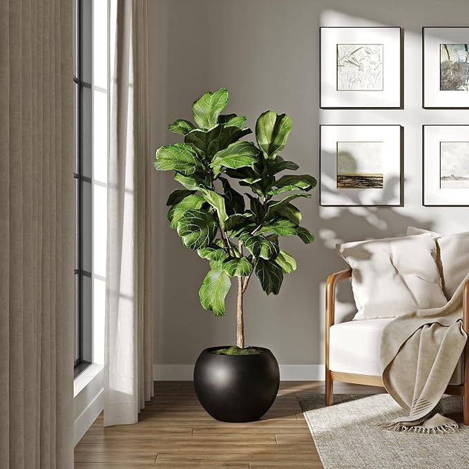 DTY Signature Mount Sherman Lightweight Durable Modern Fiberstone Sphere Planter for Indoor & Outdoor Drainage Hole & Rubber Plug Weather Resistant, 13.5" H x 17" Dia, 12" Opening- Medium, Black