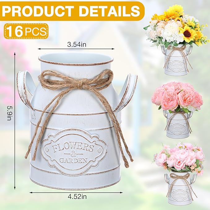 6 Inch Farmhouse Vase Decor Milk Can Vintage Flower Jug Galvanized Metal Vase with Handle Rustic Flower Buckets for Thanksgiving Christmas Table Centerpiece Weddings Gifts(Retro White,16 Pcs)