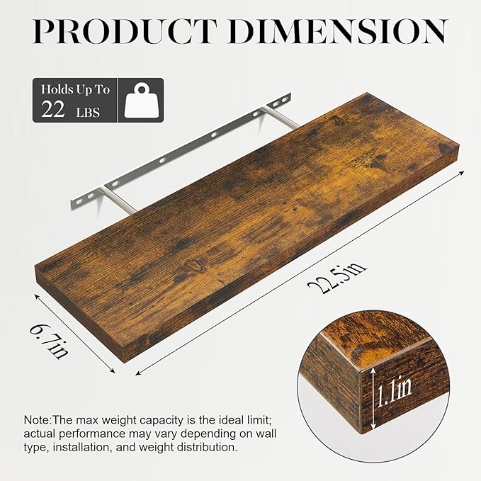BAYKA Floating Shelves for Wall, 22.5 inches Wall Mounted Rustic Wood Shelves for Bathroom, Bedroom, Living Room, Floating Shelves for Books/Storage/Decor(Rustic Brown,Set of 3)