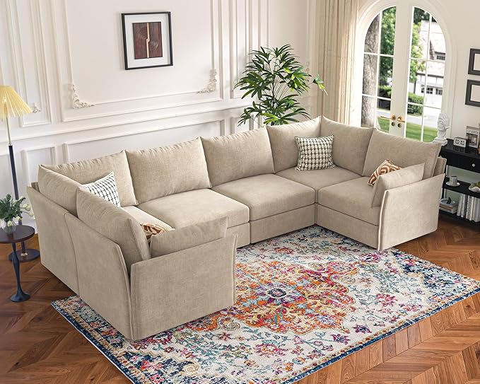 135.5" Oversized Modular Sectional Sofa, L Shaped Convertible Couch with Movable Ottoman, Large 6 Seat Corner Couches for Living Room Deep Seat Beige Chenille