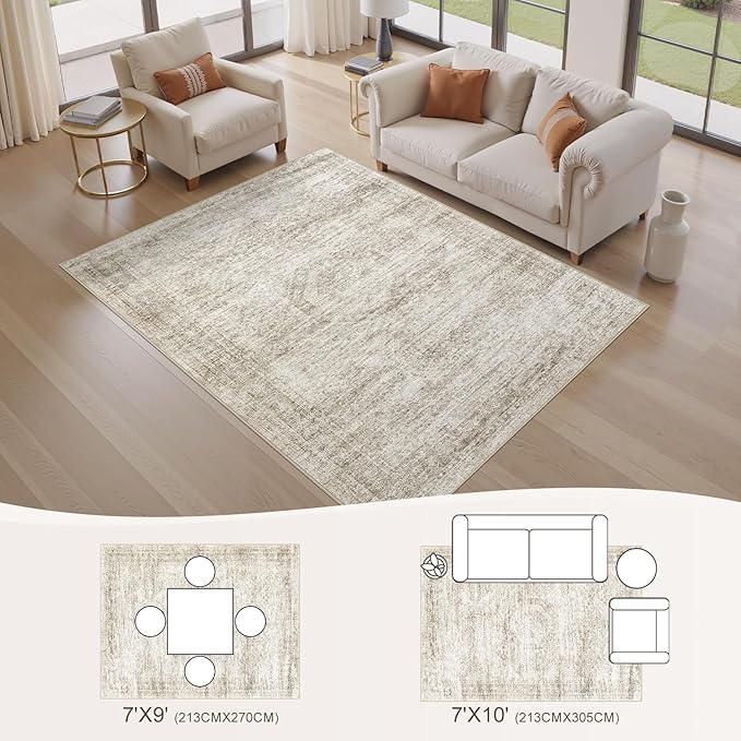 Washable Area Rugs for Living Room -7x9 Neutral Vintage Distressed Floral Farmhouse Boho Large Soft Floor Rug Indoor Non Slip Carpet for Living Room Bedroom Dining Room Office-Beige