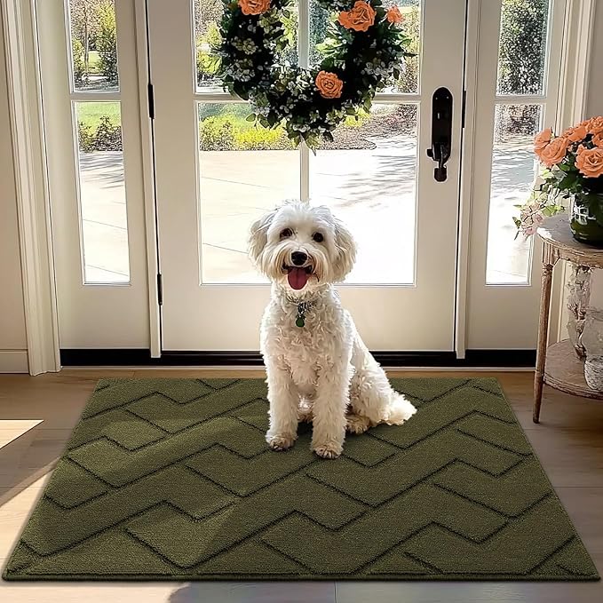hicorfe Front Door Mat Outside Entrance,32"x40" Absorbent Muddy Dirt Resist Welcome Door Mats Outdoor Indoor,Stain and Fade Resistant,Non Slip Backing Entry Mat Doormat for Entryway(Oliver Green)