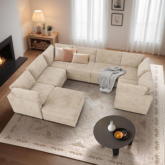 Modular Sectional Sofa with Chaise U Shaped Sectional Couch for Living Room, 8-Seater Comfy Cloud Couches with One Movable Ottoman, Plush Corduroy, Beige
