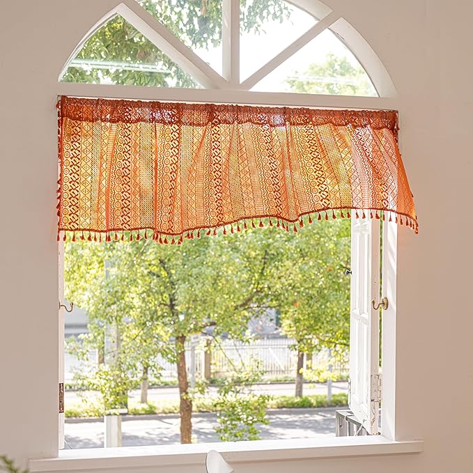 Sutuo Home Terracotta Boho Valance Short Curtains Crochet Lace Sheer Bohemian Hollow Knitted with Tassels, Privacy Vintage Rustic Farmhouse Drapes for Kitchen, Rod Pocket 1 Panel 59" W x 36" L, Orange