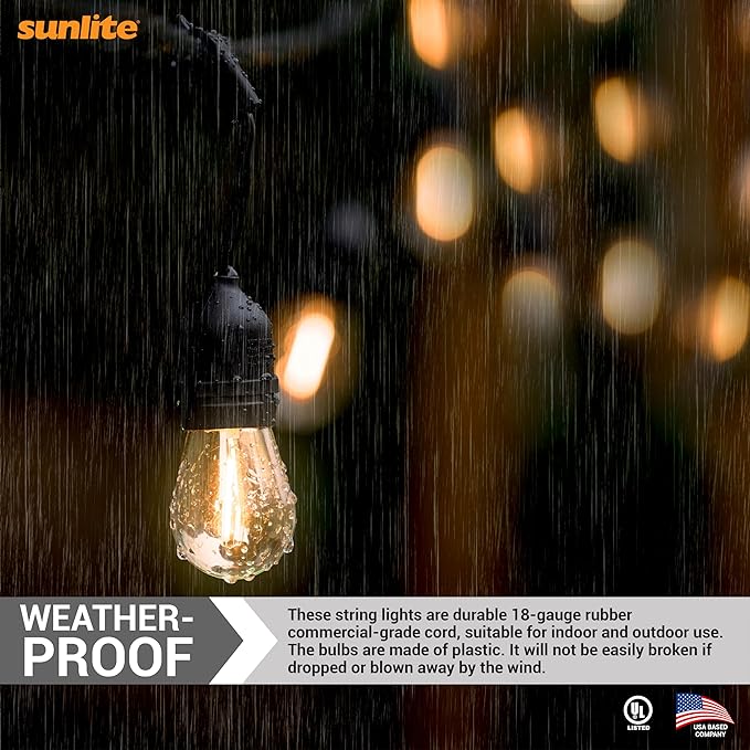Sunlite 80571 24ft Outdoor String Lights, 1.5W Commercial Grade, Waterproof, Linkable Strands, UL Listed, 7 Hanging Sockets, Shatterproof LED Edison Bulbs Included, 2700K Warm White