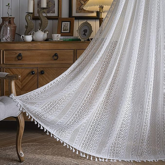 Sutuo Home White Crochet Boho Curtain 96 Inches Long, Sheer Lace Handmade Tassels Knitted Window Treatment Vintage Rustic Bohemian Farmhouse Drape for Bedroom Rod Pocket 1 Panel 59" W x 96" L